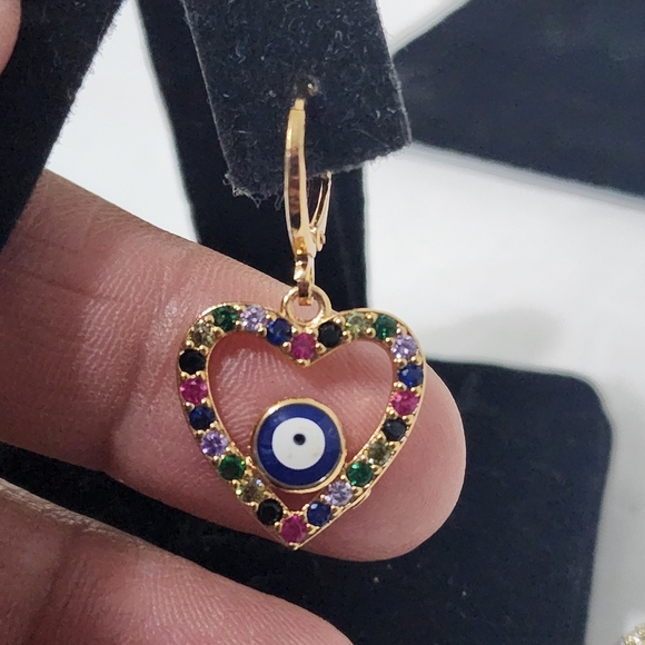 Gold Filled Multi Color Zirconia Heart Evil Eye Huggie Earrings - Picture 4 of 6